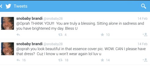 Twitter Fan Brandi asks Oprah for her dress